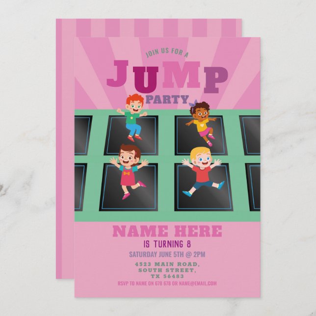 Jump Trampoline Birthday Girls Pink Invitation (Front/Back)
