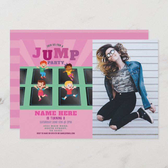 Jump Trampoline Birthday Girls Pink Photo Invitation (Front/Back)