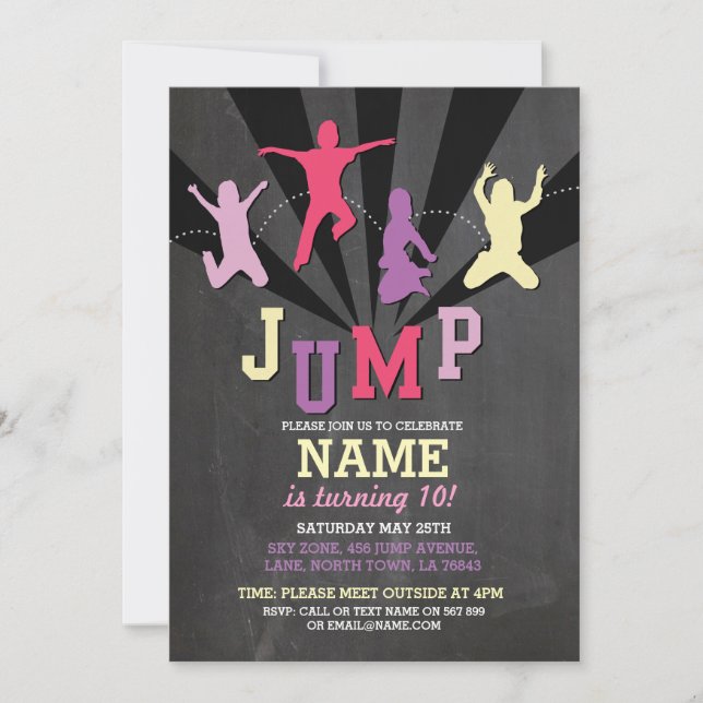 Jump Trampoline Birthday Party Pink Girls Invite (Front)