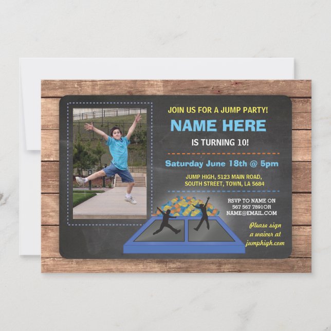 Jump Trampoline Blue Birthday Invite (Front)