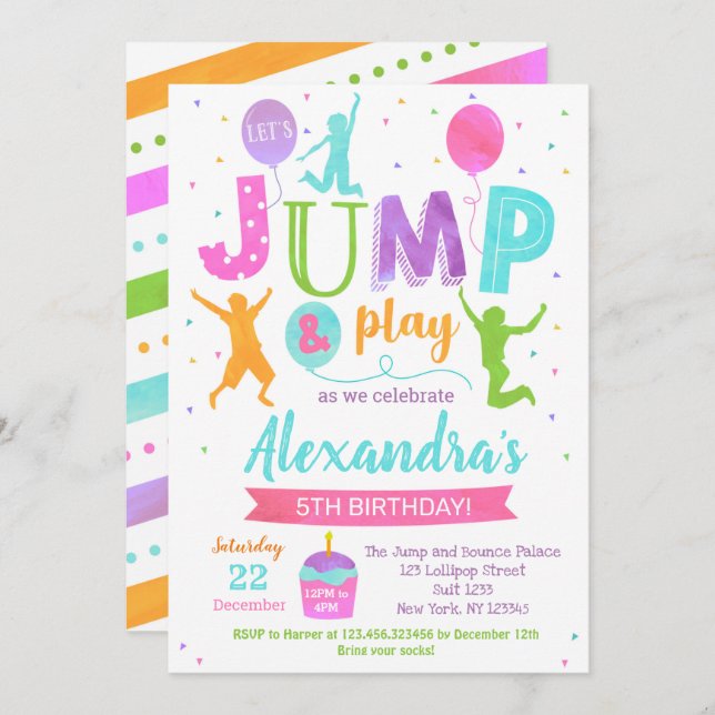 Jump Trampoline Park Birthday Invitations Girl (Front/Back)