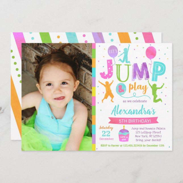 Jump Trampoline Park Birthday Invitations Girl (Front/Back)