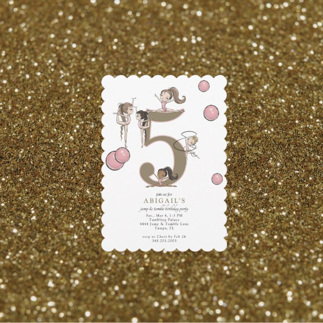 Jump & Tumble Gymnastics White 5th Birthday Party Invitation (Creator Uploaded)