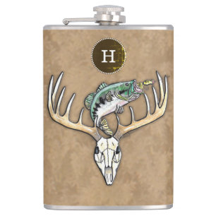 Jumping Bass Large Rack Deer Skull Hip Flask
