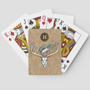 Jumping Bass Over Big Buck Deer Skull Monogram Playing Cards