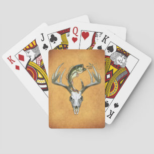 Jumping Bass Over Big Buck Deer Skull Playing Cards