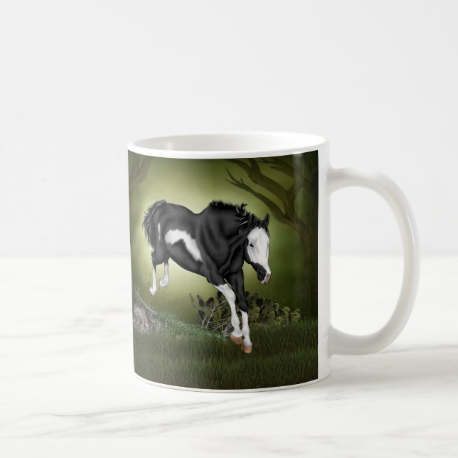 Jumping Black and White Overo Paint Horse Coffee Mug (Right)