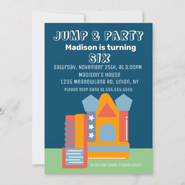 Jumping Bouncing Party Bounce House Birthday Blue  Invitation (Front)
