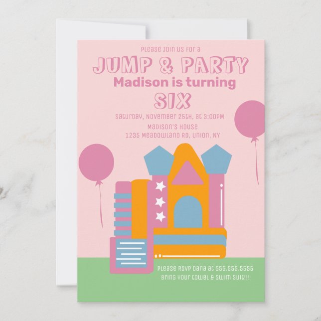 Jumping Bouncing Party Bounce House Birthday Pink Invitation (Front)