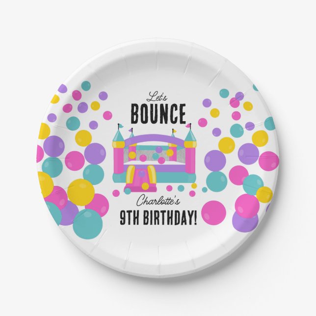 Jumping Bouncy Castle Girls Birthday Party Paper Plate (Front)