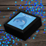 Jumping Cute Dolphin in Glittery Blue and White Gift Box<br><div class="desc">This wood gift box for trinkets,  jewellery,  or gift giving has a cute dolphin in a jumping position who is a glittery deep blue with white stomach on a water like blue background. 
 Customise your text with the template.</div>