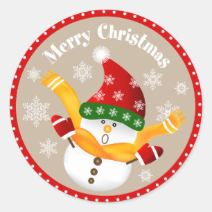 Jumping Cute Snowman in Red Frame Stickers