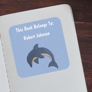 Jumping Dark Blue White Cartoon Dolphin Square Sticker