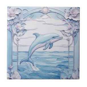 Jumping Dolphin Art Nouveau Faux Relief Light Blue Ceramic Tile