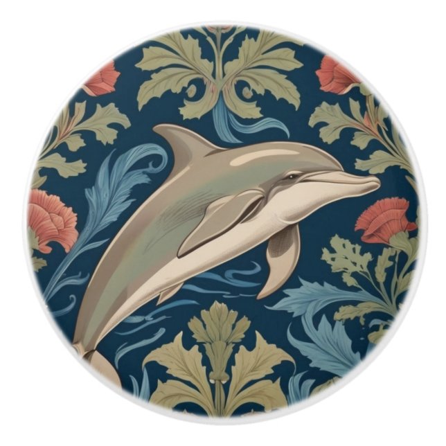 Jumping Dolphin William Morris style Right facing Ceramic Knob (Front)