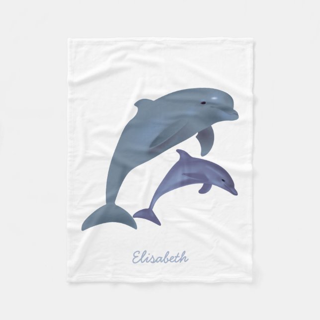 Jumping dolphins illustration name fleece blanket (Front)