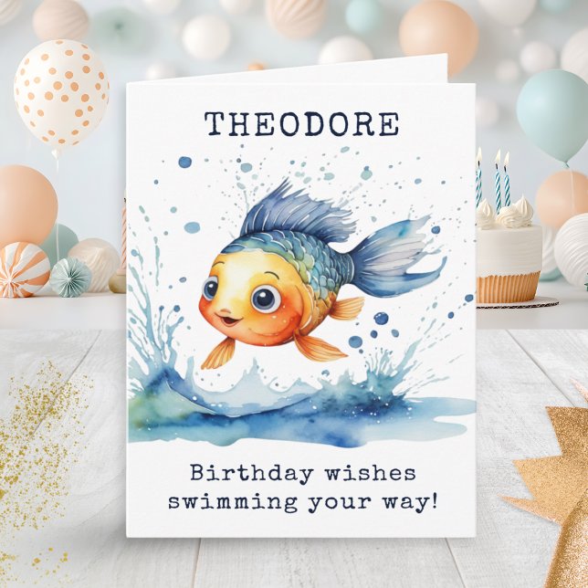 Jumping Fish Colourful Kids Birthday Personalised Card (A personalized birthday card for kids, with picture of a cute jumping fish in a watercolor style)