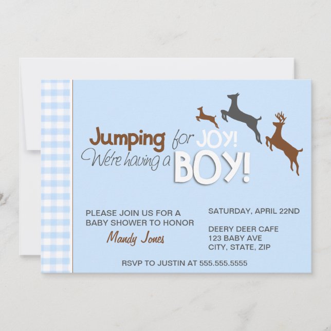 Jumping for Joy Blue Boy Baby Shower Invitations (Front)
