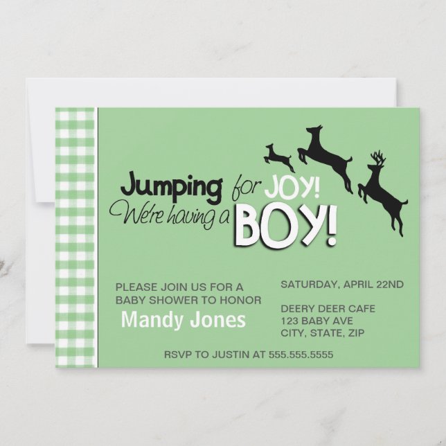 Jumping for Joy Green Boy Baby Shower Invitations (Front)