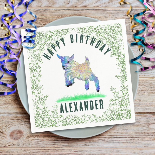 Jumping Goat Happy Birthday add Name Napkin (jumping goat cute farm animal custom name birthday party napkin adorable baby goat and foliage )