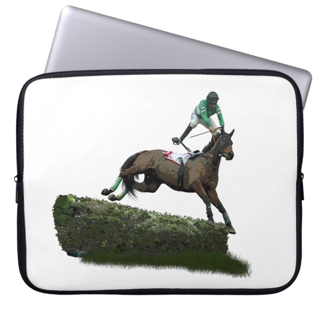 Jumping Horse Jockey In Green Laptop Sleeve (Front)