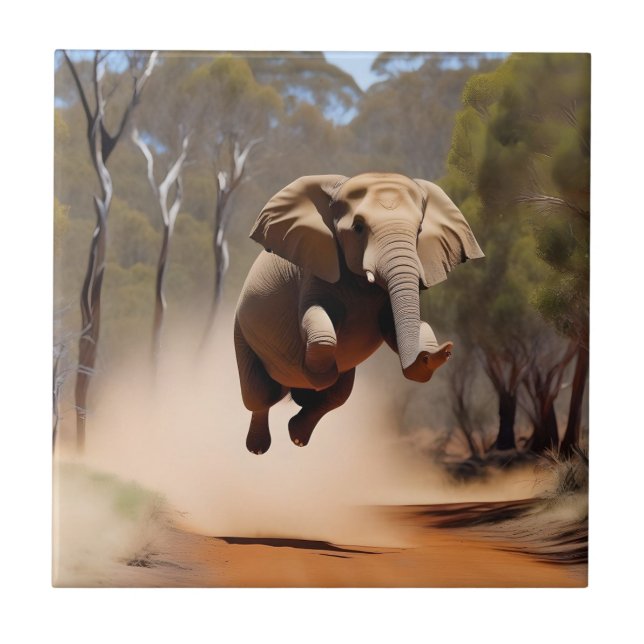 "Jumping Joy: The Animated Elephants' Leap" Ceramic Tile (Front)