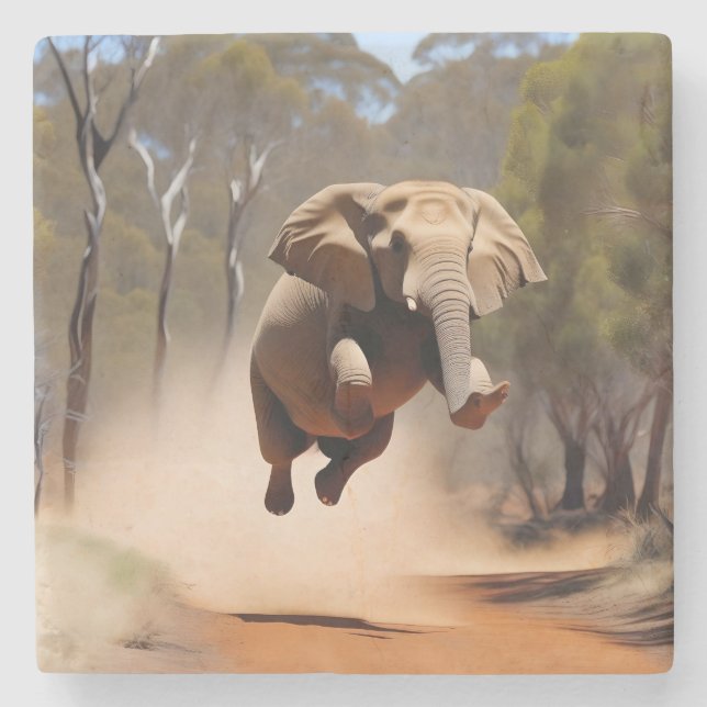 "Jumping Joy: The Animated Elephants' Leap" Stone Coaster (Front)