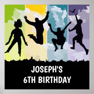 Jumping Kids Trampoline Birthday Party Banner Poster
