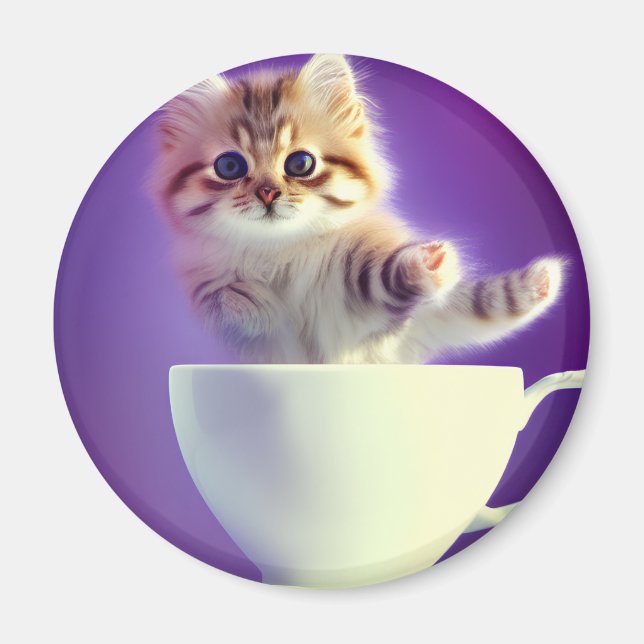 Jumping Kitten in a teacup - cat magnet (Front)