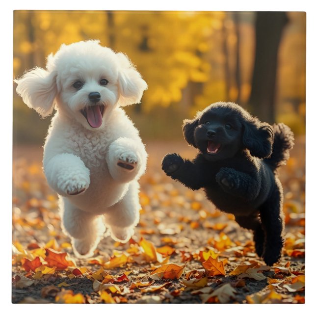 Jumping Poodle Puppies Ceramic Tile (Front)