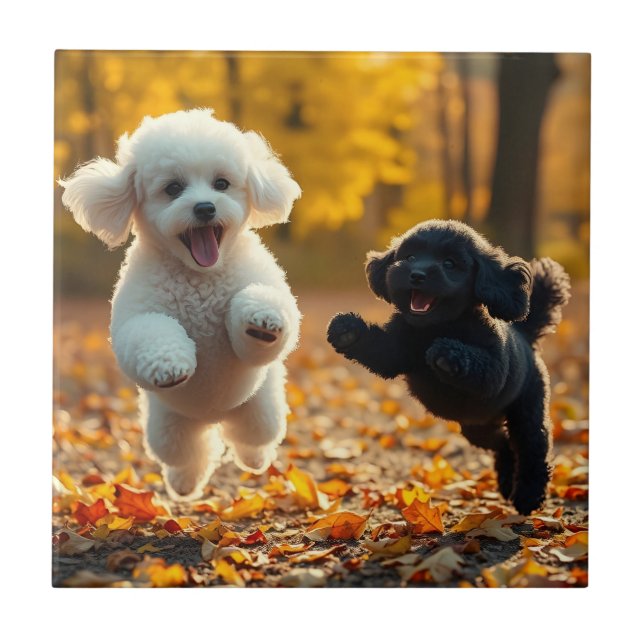 Jumping Poodle Puppies Ceramic Tile (Front)