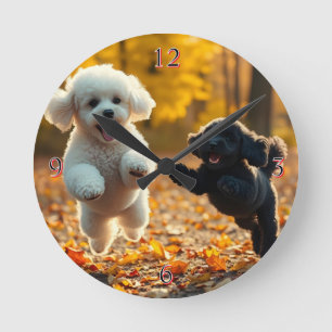 Jumping Poodle Puppies Round Clock