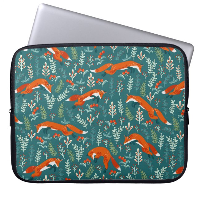 Jumping red foxes with ornaments seamless pattern laptop sleeve (Front)