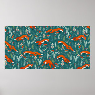 Jumping red foxes with ornaments seamless pattern poster