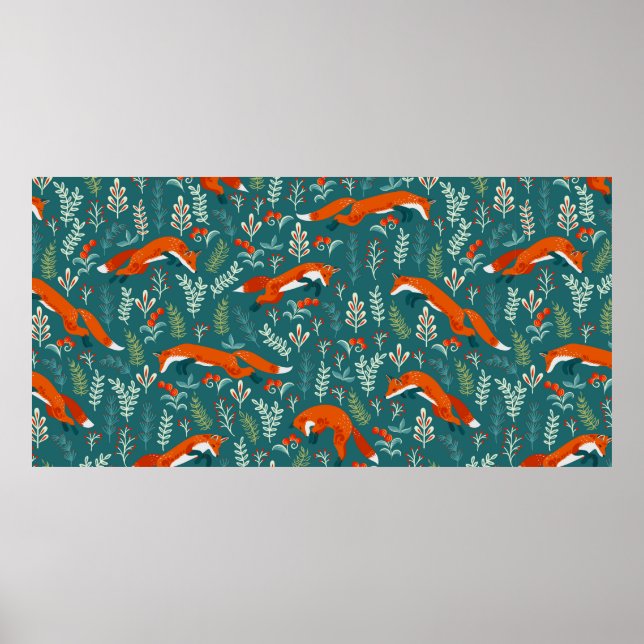 Jumping red foxes with ornaments seamless pattern poster (Front)