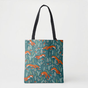 Jumping red foxes with ornaments seamless pattern tote bag