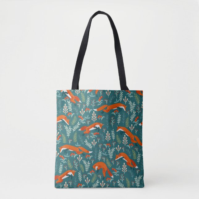 Jumping red foxes with ornaments seamless pattern tote bag (Front)