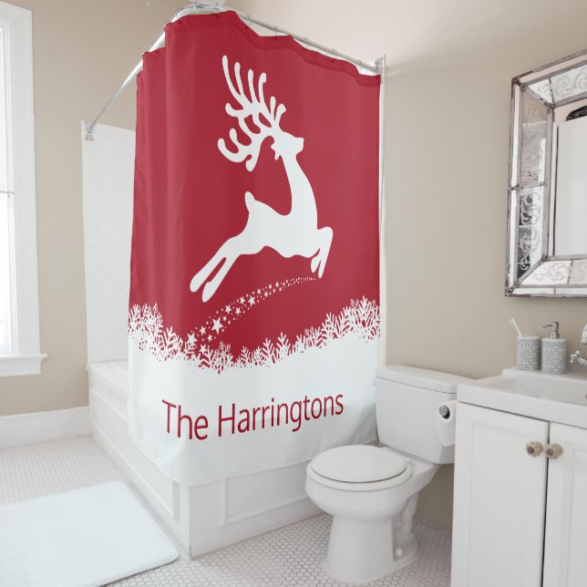 Jumping Reindeer custom name shower curtain (In Situ)