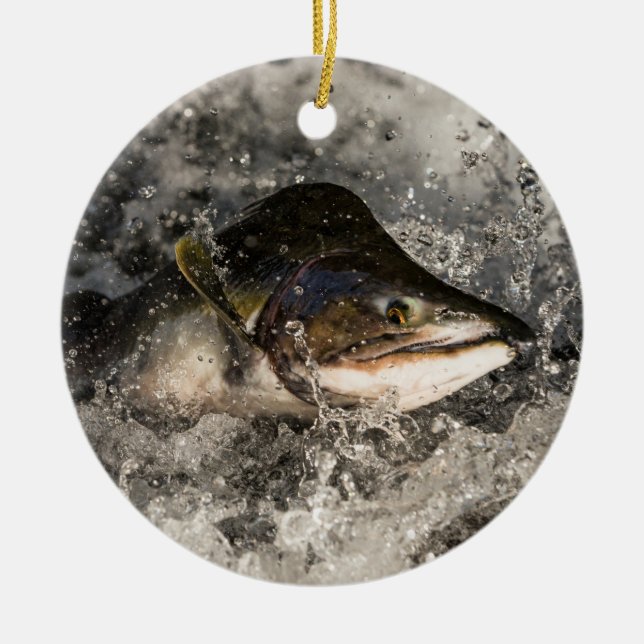 Jumping Salmon Ceramic Ornament (Front)