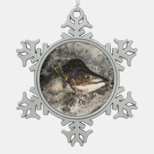 Jumping Salmon Snowflake Pewter Christmas Ornament