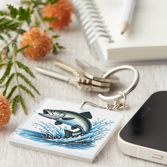 Jumping Salmon Splash Gift for Fisherman Art Key Ring (Front Right)