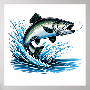 Jumping Salmon Splash Gift for Fisherman Art Poster