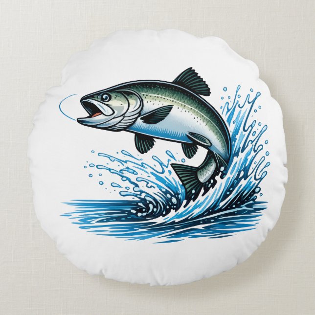 Jumping Salmon Splash Gift for Fisherman Art Round Cushion (Front)