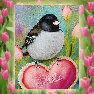 Junco Valentine Heart Cute Tulip Garden Bird +Name Postcard