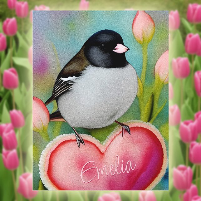 Junco Valentine Heart Cute Tulip Garden Bird +Name Postcard (Creator Uploaded)