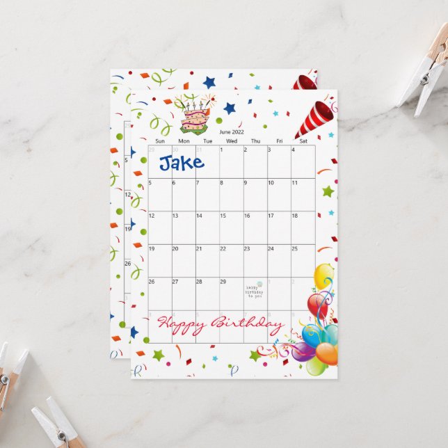 June 2022 Calendar Happy Birthday Invitation  (Front/Back In Situ)