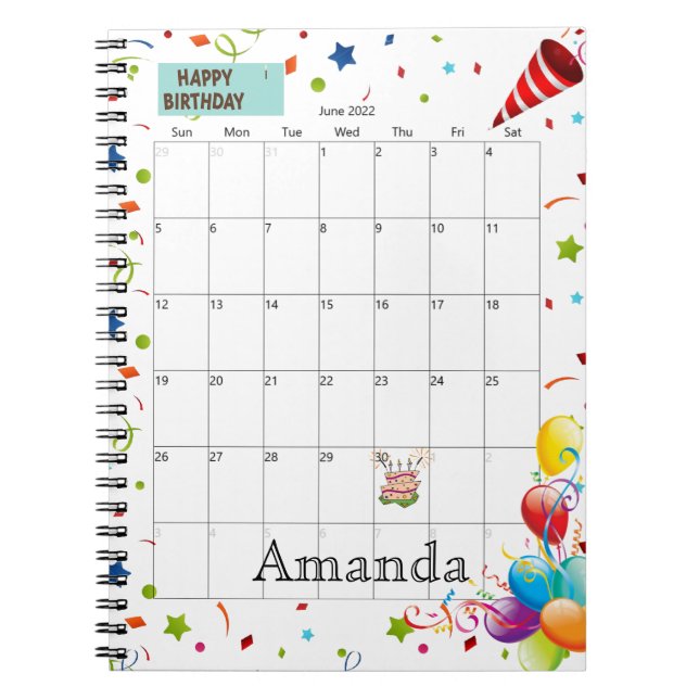 June 2022 Calendar Happy Birthday Notebook (Front)