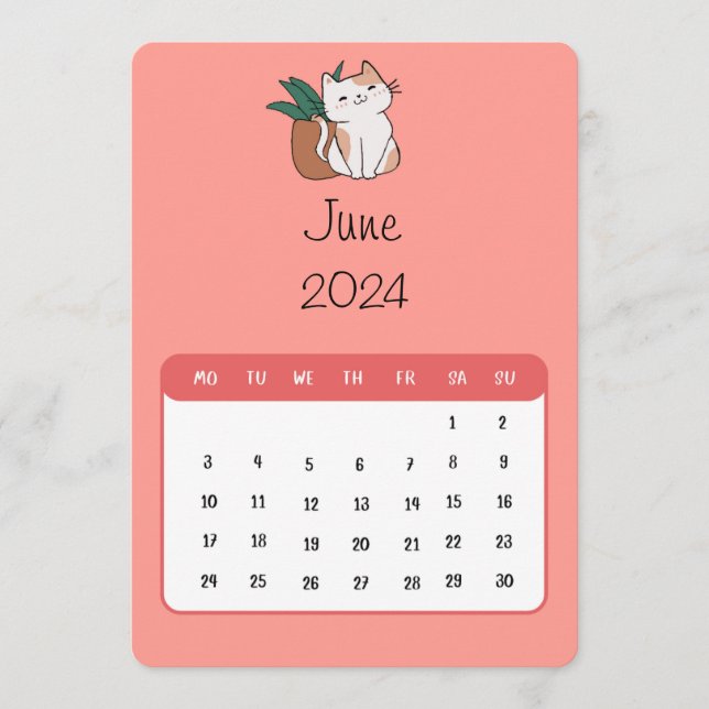 June 2024 Stand Alone Cat And Plant Calendar Menu (Front)