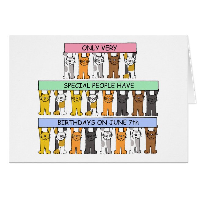 June 7th Birthday, Cartoon Cats. (Front Horizontal)