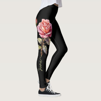 June Birth Flower, Blush and Pink Rose on Black Leggings